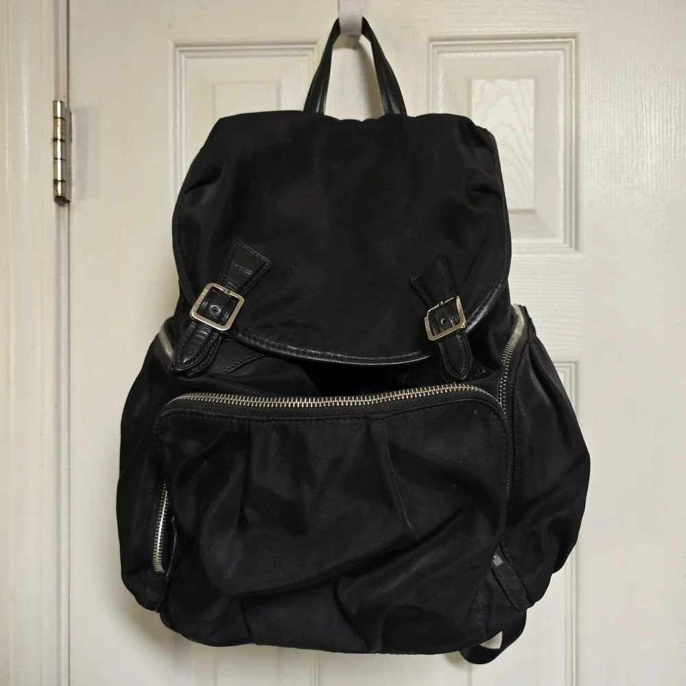 MZ WALLACE Marlena Backpack Striking Black Leather Nylon Gold‎ Hardware Buckle